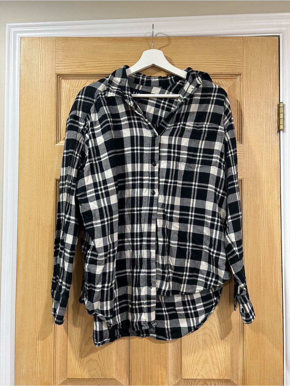 GAP Black and White Plaid Button-Down Hooded Shirt